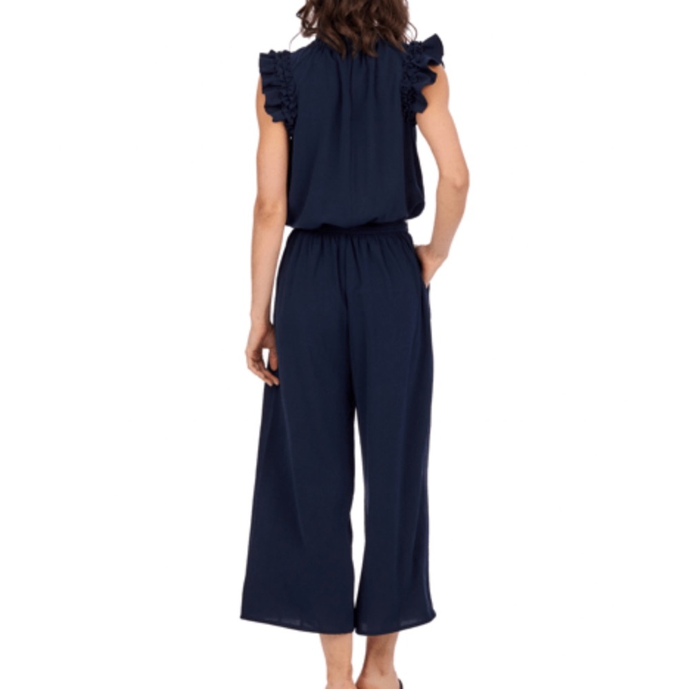 NWT Mud Pie Navy Arlette Wide-Leg Tie-Waist Jumpsuit Women Size Large - Picture 2 of 13